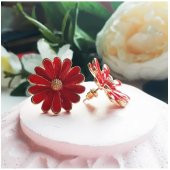 Altın Kaplama Kadın Kırmızı Papatya Küpe - 2