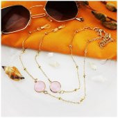 Altın Kaplama Pembe Akik Doğal Taş Kadın Gözlük Zinciri - 1