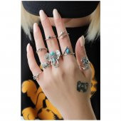 Gümüş Kaplama Turkuaz Doğal Taşlı Fil Kadın Eklem Yüzüğü 8li Set - 1