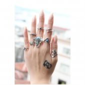 Gümüş Kaplama Turkuaz Doğal Taşlı Fil Kadın Eklem Yüzüğü 8li Set - 2