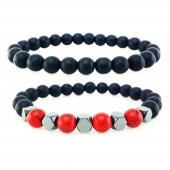 Kırmızı Turkuaz & Oniks & Hematit İkili Doğal Taş erkek Bileklik - 1
