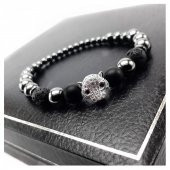 Gümüş Aslan Başı Aparatlı Hematit-Oniks-Lav Taşı Doğal Taş Bileklik - 2