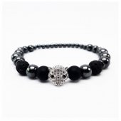 Gümüş Aslan Başı Aparatlı Hematit-Oniks-Lav Taşı Doğal Taş Bileklik - 3