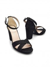 Goldstep 157 Kadın Çapraz Simli 7cm Kalın Topuk Tekbant Ayakkabı - 1