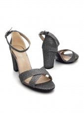 Goldstep 157 Kadın Çapraz Simli 7cm Kalın Topuk Tekbant Ayakkabı - 12