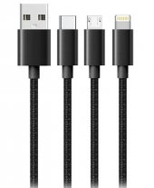 Hytech HY-X515 1.2M 3A MicroUSB+Lightning+TypeC 3 in 1 Siyah Şarj Kablosu - 1