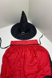 Beysüs Cadılar Bayramı Halloween Yetişkin Pelerin Şapka Set Siyah Kırmızı - 3