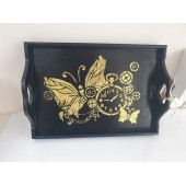 Siyah Gold Kelebek Stencil Baskılı Ahşap Tepsi - 1