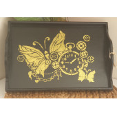 Siyah Gold Kelebek Stencil Baskılı Ahşap Tepsi - 2