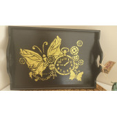 Siyah Gold Kelebek Stencil Baskılı Ahşap Tepsi - 3
