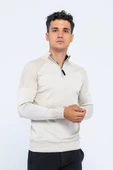 Erkek Regular Fit Düz Renk Fermuarlı Renkli Yaka Pamuklu Triko Kazak - 1