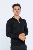 Erkek Regular Fit Düz Renk Fermuarlı Renkli Yaka Pamuklu Triko Kazak - 2