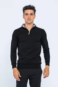 Erkek Regular Fit Düz Renk Fermuarlı Renkli Yaka Pamuklu Triko Kazak - 6