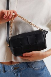 Kadın Siyah Örgülü Deri Zincir Detaylı Bel ve Kol Çantası - 2