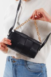 Kadın Siyah Örgülü Deri Zincir Detaylı Bel ve Kol Çantası - 4