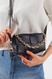 Kadın Siyah Örgülü Deri Zincir Detaylı Bel ve Kol Çantası - 1