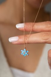 Kadın Rose Kaplama Mavi Opal Taşlı Lotus Çiçeği Model 925 Ayar Gümüş Kolye - 3