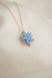 Kadın Rose Kaplama Mavi Opal Taşlı Lotus Çiçeği Model 925 Ayar Gümüş Kolye - 6