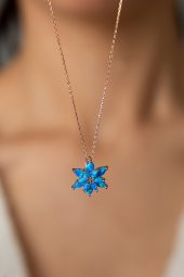 Kadın Rose Kaplama Lacivert Opal Taşlı Lotus Çiçeği Model 925 Ayar Gümüş Kolye - 4