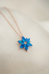 Kadın Rose Kaplama Lacivert Opal Taşlı Lotus Çiçeği Model 925 Ayar Gümüş Kolye - 5