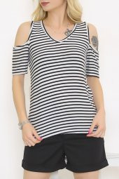 Çizgili Omuz Dekolteli Bluz Siyahçizgili - 9670.139. - 1