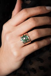 Kadın Ayarlanabilir Yeşil Taşlı Güneş Model 925 Ayar Gümüş Yüzük - 2