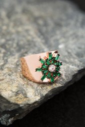 Kadın Ayarlanabilir Yeşil Taşlı Güneş Model 925 Ayar Gümüş Yüzük - 4