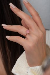 Kadın Lotus Çiçeği Pembe Taşlı Ayarlanabilir Rose Gold Kaplama  925 Ayar Gümüş Yüzük - 2