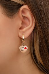 Kadın E Harfi Tekli Kalp Üzeri Kırmızı Mine Kalp Simgeli Rose Gold Kaplama 925 Ayar Gümüş Küpe - 1