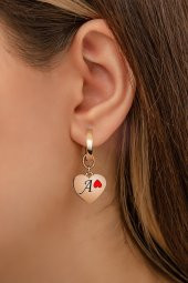 Kadın A Harfi Tekli Kalp Üzeri Kırmızı Mine Kalp Simgeli Rose Gold Kaplama  925 Ayar Gümüş Küpe - 1