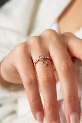 Kadın Kalp Detaylı Taşlı Ayarlanabilir 925 Ayar Gümüş Yüzük - 2