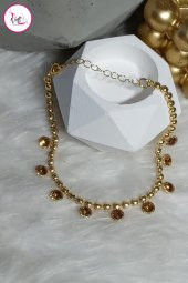 Çelik Tek Sıra Renkli Yuvarlak Taşlı Gold Halhal - 1