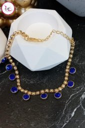 Çelik Tek Sıra Renkli Yuvarlak Taşlı Gold Halhal - 5