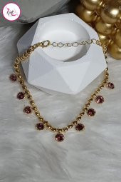 Çelik Tek Sıra Renkli Yuvarlak Taşlı Gold Halhal - 7