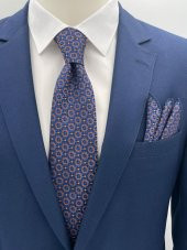 Brianze Mavi Sarı Desenli Kravat Mendil Set - 1