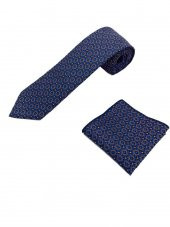Brianze Mavi Sarı Desenli Kravat Mendil Set - 3