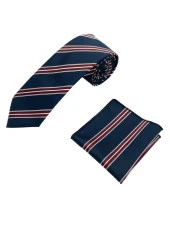 Brianze Lacivert Bordo Beyaz Çizgili Kravat Mendil Set thumbnail 3