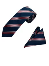 Brianze Lacivert Bordo Beyaz Çizgili Kravat Mendil Set thumbnail 4