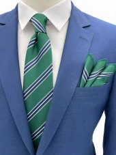 Brianze Yeşil Lacivert Beyaz Çizgili Kravat Mendil Set thumbnail 1