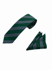 Brianze Yeşil Lacivert Beyaz Çizgili Kravat Mendil Set thumbnail 4