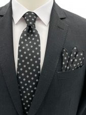 Brianze Siyah Beyaz Desenli Kravat Mendil Set thumbnail 1