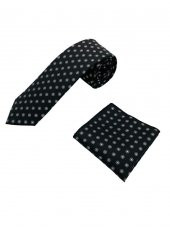 Brianze Siyah Beyaz Desenli Kravat Mendil Set thumbnail 3