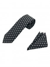 Brianze Siyah Beyaz Desenli Kravat Mendil Set thumbnail 4