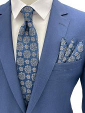 Brianze Lacivert Geometrik Desen Kravat Mendil Set thumbnail 1