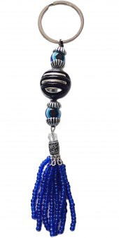 Nazar Boncuklu Mavi Püsküllü Siyah Toplu Anahtarlık - 1