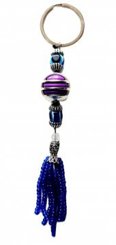 Nazar Boncuklu Mavi Püsküllü Mor Renk Anahtarlık - 1