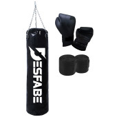 Desfabe Boxing Star 70x25 Cm Zincirli Boks Kum Torbası Siyah+El Sargı Bandajı+Boks Eldiveni - 1