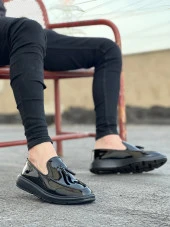 BA0005 Bağcıksız Yüksek Taban Siyah Rugan Klasik Püsküllü Corcik Erkek Ayakkabısı thumbnail 2