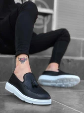 BA0005 Bağcıksız Yüksek Taban Siyah Beyaz Klasik Püsküllü Corcik Erkek Ayakkabı thumbnail 1