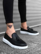 BA0005 Bağcıksız Yüksek Taban Siyah Beyaz Klasik Püsküllü Corcik Erkek Ayakkabı thumbnail 2